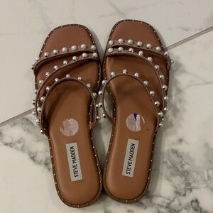 Steve Madden Tan Sandals with Pearl Accents